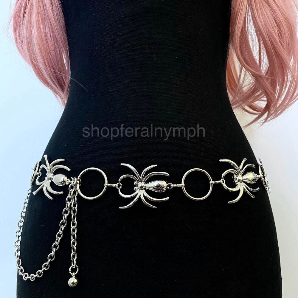 Silver Y2K Goth Spider Open Ring Waist Chain Belt, Fits 29-46 Inches, X7GA1430